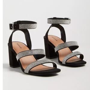 Torrid 11WW Sexy Embellished Black Faux Suede Ankle Strap Open Toe 3" Heels New